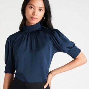 Ann Taylor Midnight Spruce Mixed Media Smocked Top - size M